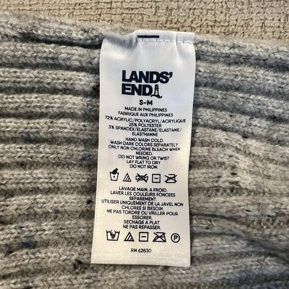 2 Lands'‎ End Gray Cream Thin Rib Knit Winter Hats Beanies Women's Sz S/M